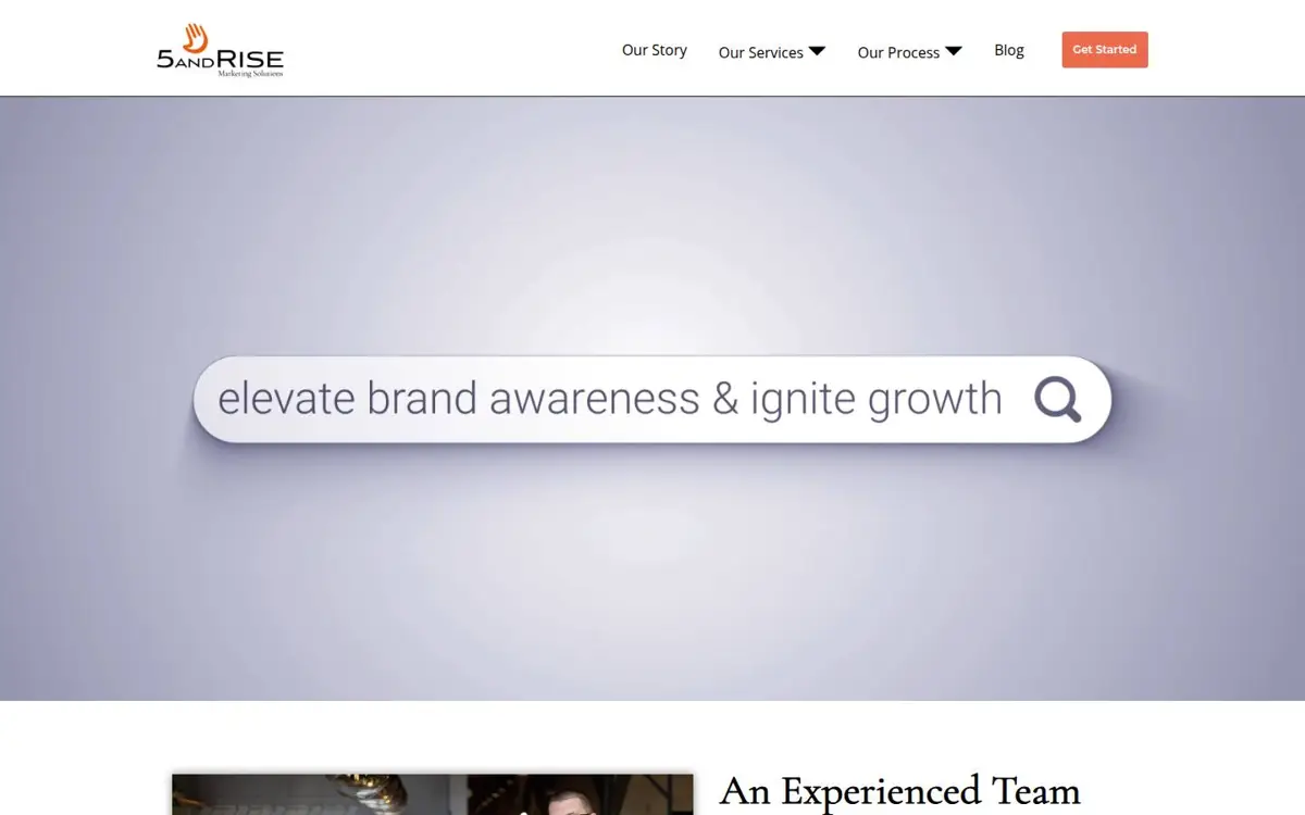 Homepage of 5 & Rise Marketing Group