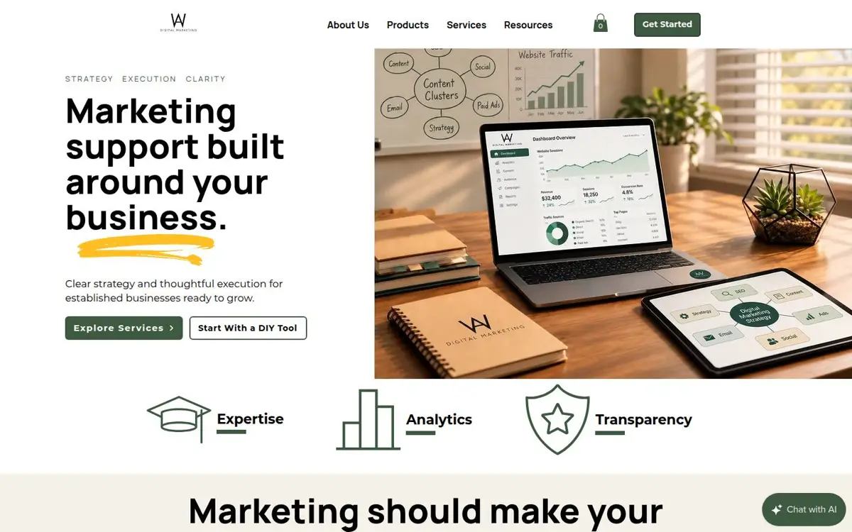 Homepage of AW Digital Marketing