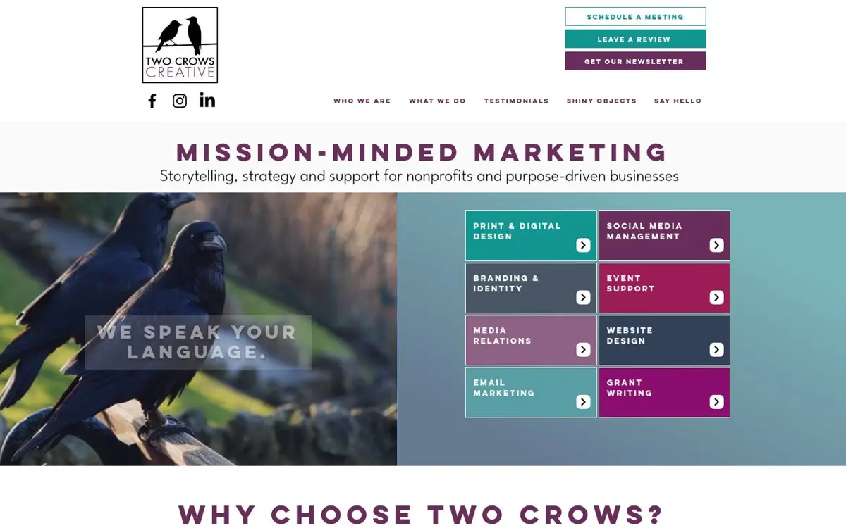 Homepage of Two Crows Creative Group